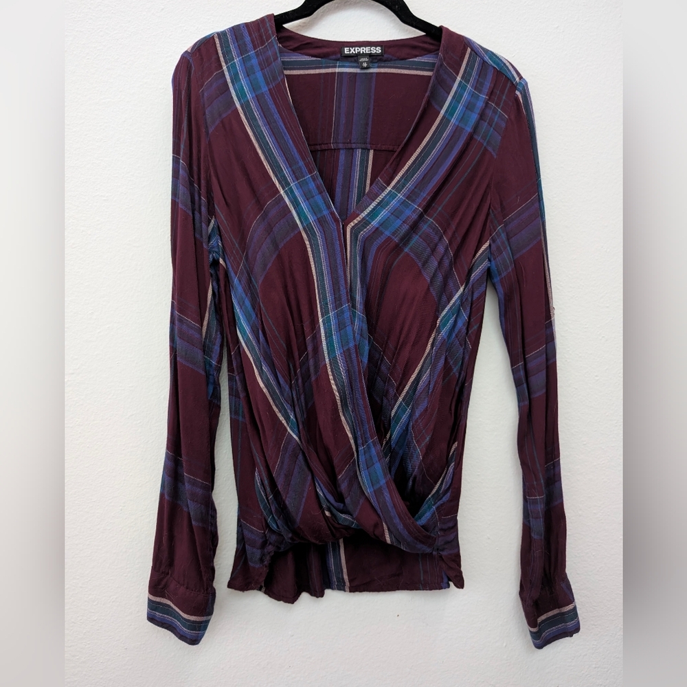 Express Burgundy and Blue Plaid Blouse